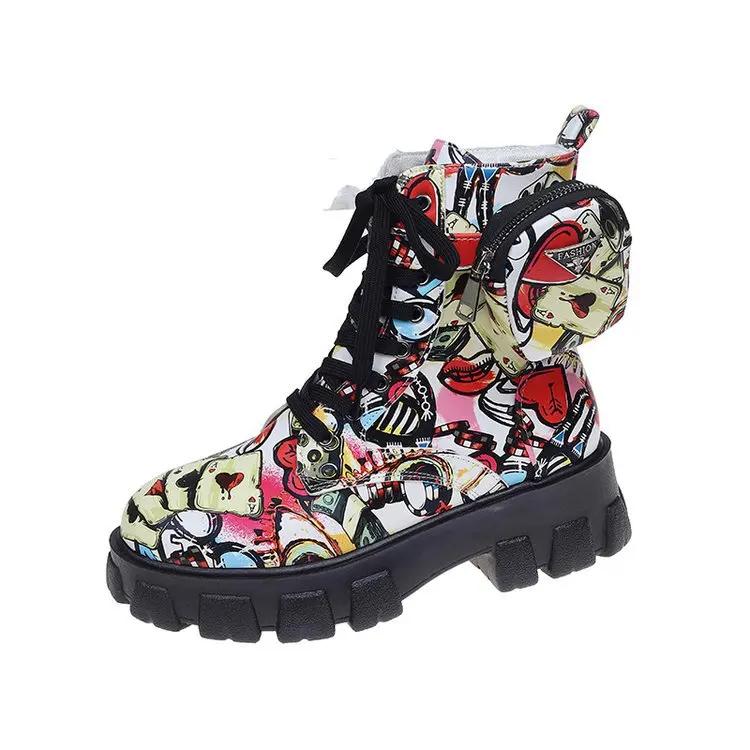 Женские ботильоны на толстой подошве, модная женская обувь с принтом, высококачественные нескользящие мотоциклетные ботинки, новые женские ботинки в готическом стиле