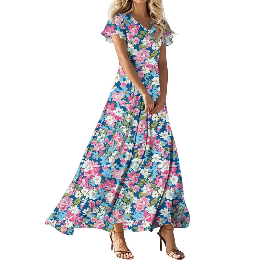 Женское платье макси в стиле бохо, женское летнее платье с коротким рукавом, весеннее повседневное платье А-силуэта с V-образным вырезом, летний пляжный сарафан для отдыха