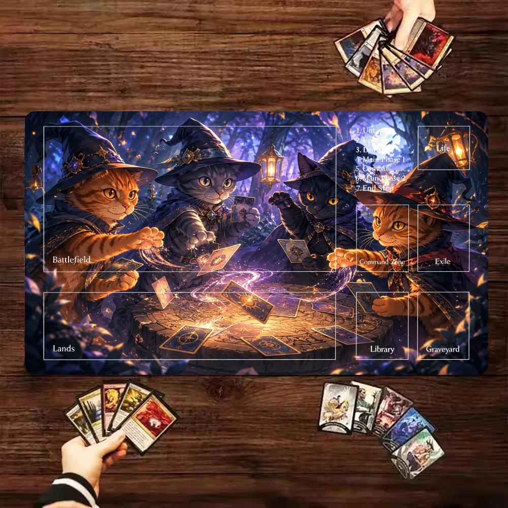 Witch Cats Play Cards Magic Forest TCG Playmat 600x350mm MTG Mat Anti-Slip Stitched Edge Durable Commander Desk Tapete Magic Mtg