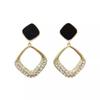 Fashion Geometry Rhombus Drop Earrings for Women Golden Color Hollow Square Black Enamel Oil Crystal Dangle Earrings Jewelry