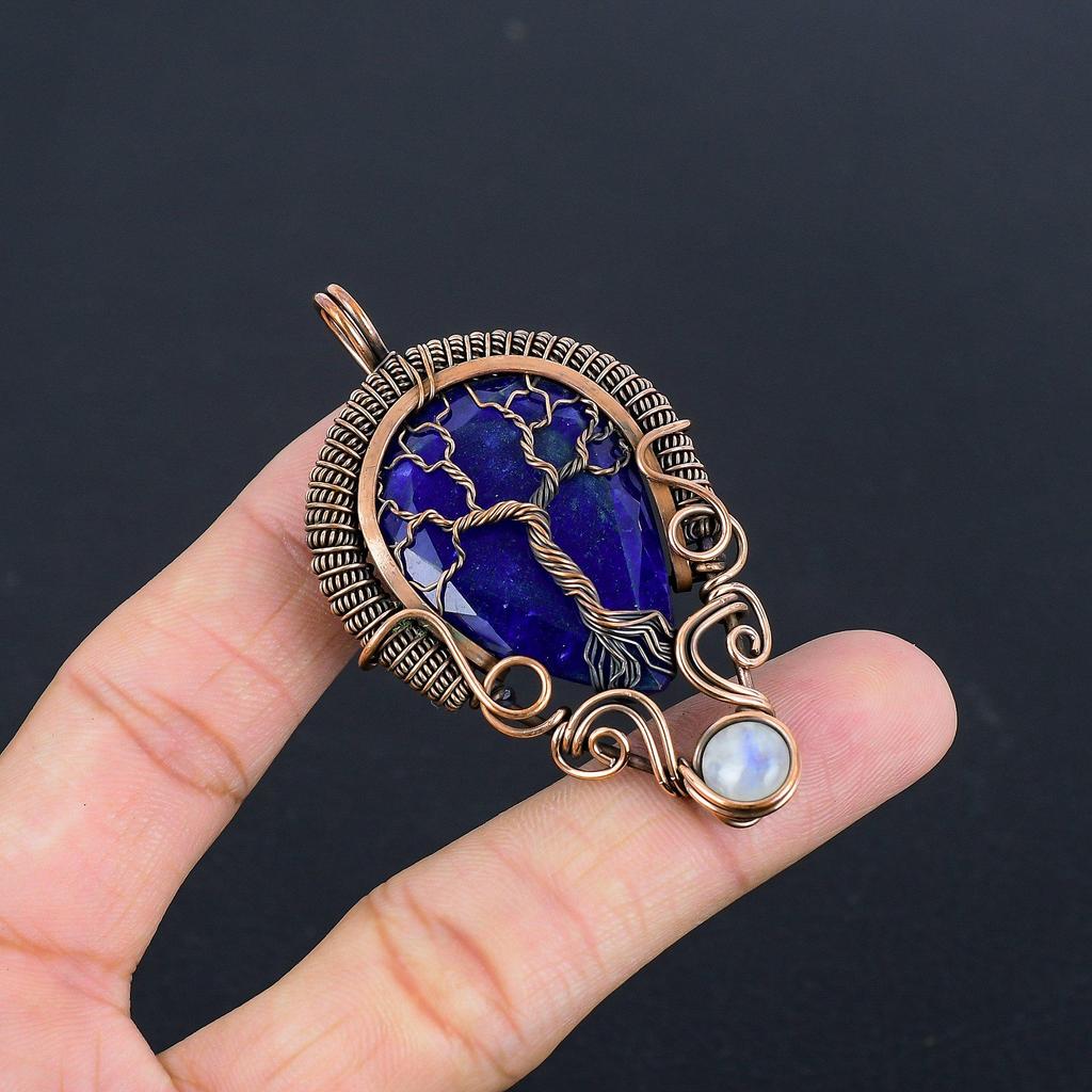 Blue Sapphire Pendant, Handmade Gemstone Pendant, 999 Copper Wire Wrapped Pendant Antique Jewelry, For Engagement Gift