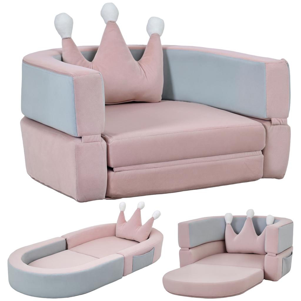 Children's Sofa Convertible into Bed and Play Area with Crown Cushion 116x61x14 cm Pink and Greyish Blue