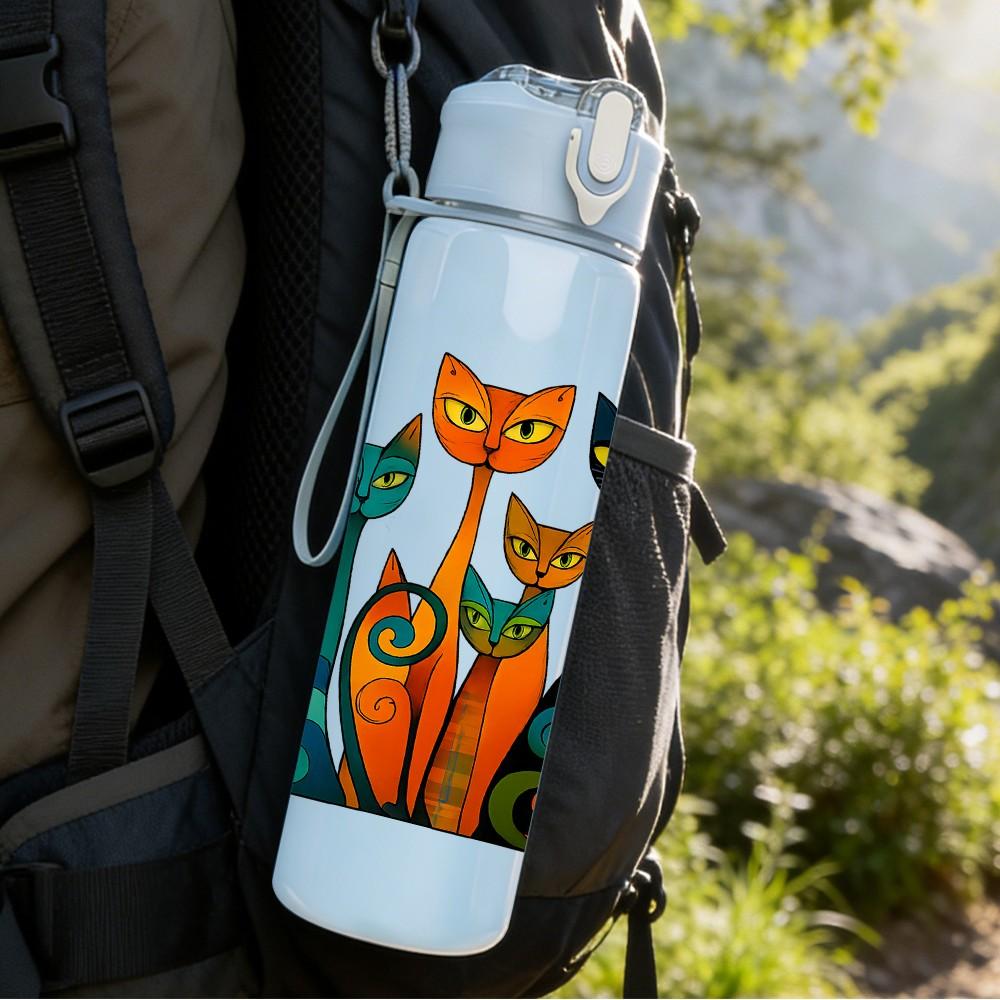 1PC Stacked Cat Cartoon Art 750ml Color Plastic Sports Water Bottle Leakproof Flip Straw Lid Suitable for Sports Office Home Use