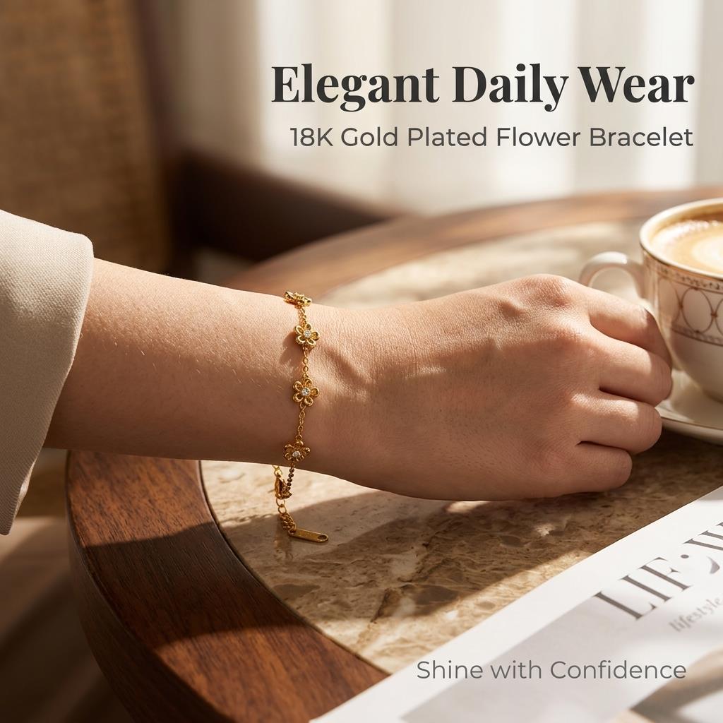 Luxury Gold Color Zircon Flower Bracelet - Stainless Steel Jewelry for Women Hypoallergenic Gift Party Bangle Accessories