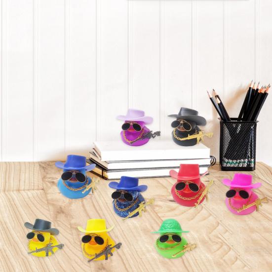 Duck Ornament Squeaky Car Dashboard Decoration Set Funny Yellow Duck Figure with Cowboy Hat Sunglasses Golden Chain Decor