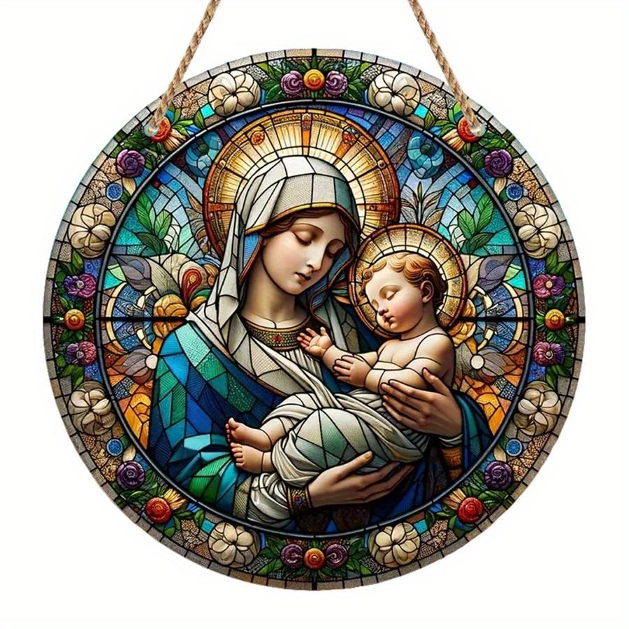 1pc 2d Flat Wood Christian Religion Mary Suncatcher, Translucent Stained Window Hanging, Round Wooden Sign- 20cm Porch, Wall, Home, Room, Cafe Holiday