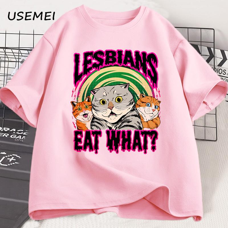 Lesbians Eat What Cat T Shirt Vintage Lgbt Pride Month Tshirt Funny Graphic T Shirts Short Sleeve Cotton Tee Unisex Clothes