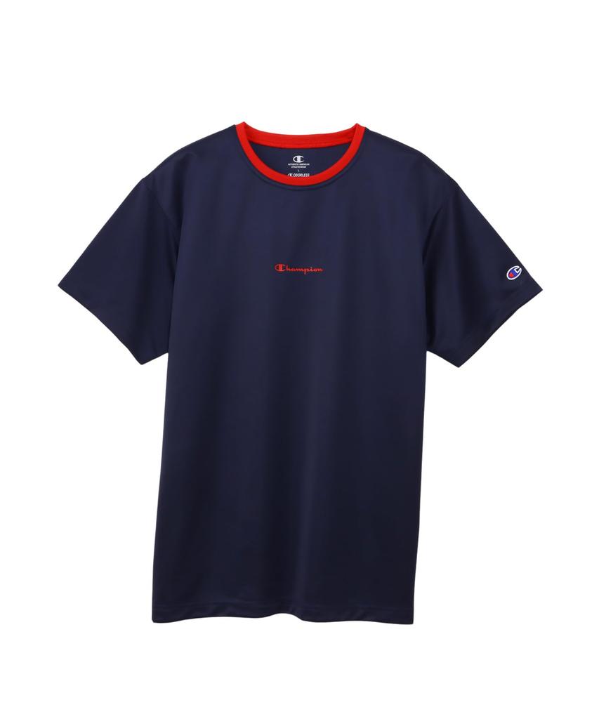 Champion DRYSAVER Short Sleeve with a Round Breathable Rubber and Script Logo Men's T-Shirt, Navy, C3-BB355, Neck, Design, Antibacterial, Print,