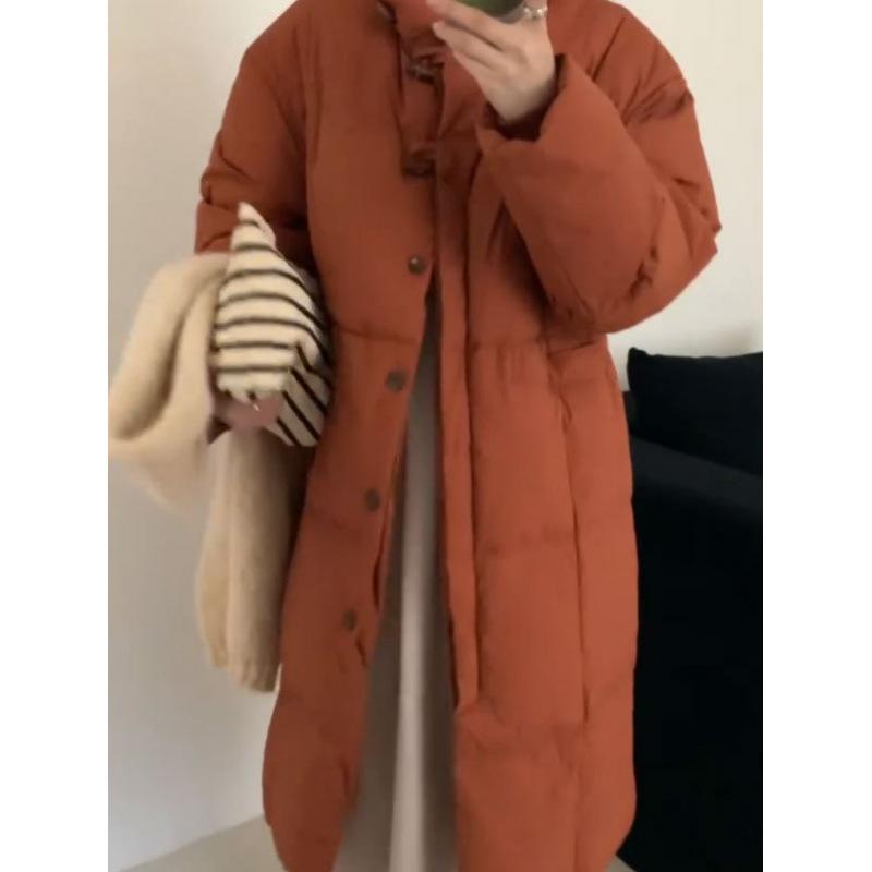 Дизайнерская куртка-пуховик женская длинная 2024 новая корейская версия воротник-стойка высококачественная роговая пряжка пуховик