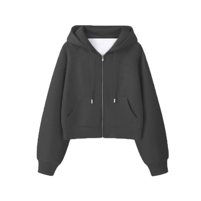 Women's Gray Hooded Zipper Cardigan - Long-Sleeve Sweater Jacket for Spring and Autumn