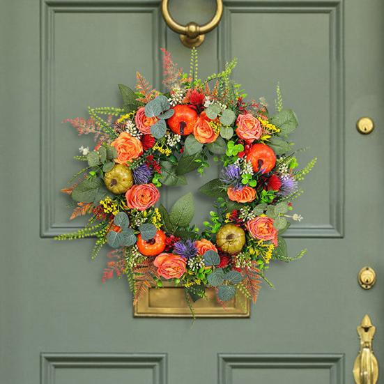 Осенний венок для входной двери 16 дюймов Осенний искусственный венок с тыквой, пионом для урожая, Дня благодарения, фермерского дома