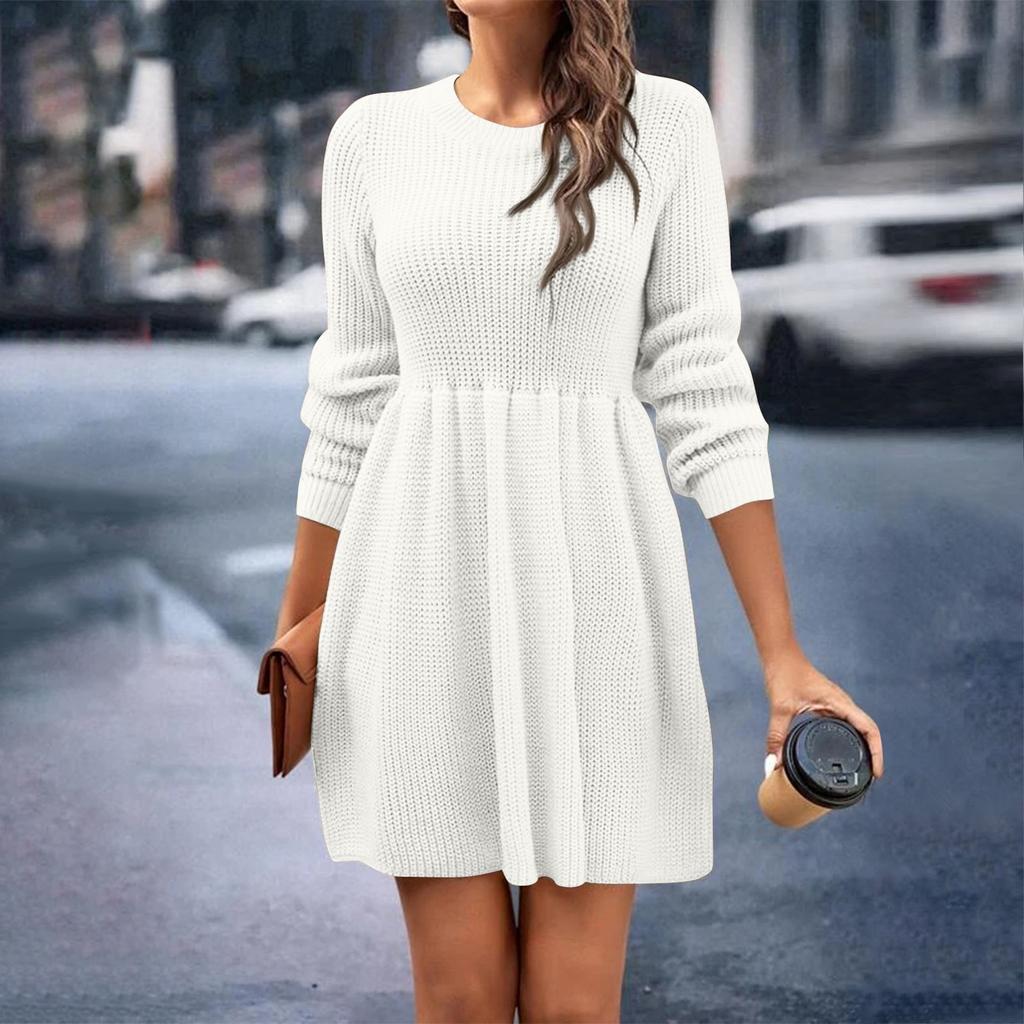 Женское и зимнее однотонное повседневное платье-свитер с круглым вырезом Babydoll
