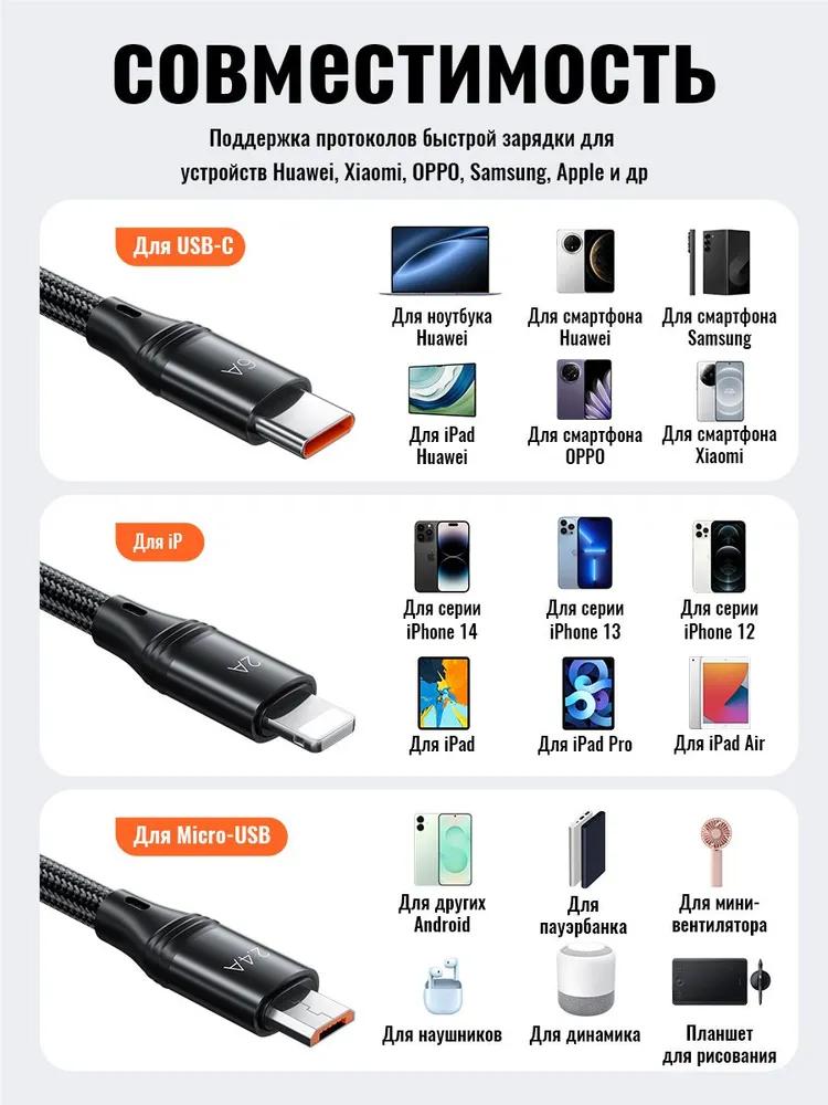 Hoco U104 3-в-1 Зарядный Кабель, 6A 66W Быстрая Зарядка Плетеный USB Кабель для Micro‑USB, iP, USB‑C Устройств