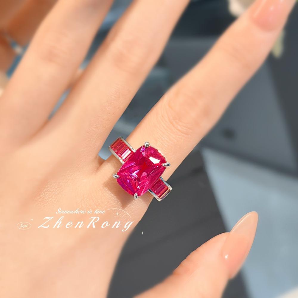 Vintage Open Ring Fat Rectangle Red Corundum Gradient High Carbon Blue Spinel Womens Jewelry