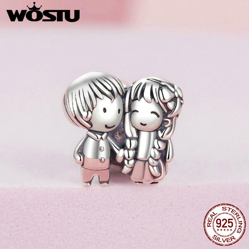 WOSTU 925 Sterling Silver Lovely Little Boy & Girl Charm Beads For Women Fit Original Charms DIY Necklae Birthday Jewelry Gift