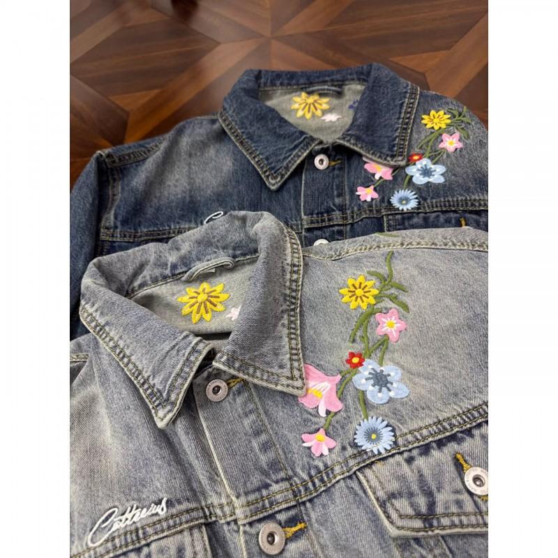 Unisex Streetwear Denim Jacket With Embroidery Detail Loose Fit Outerwear