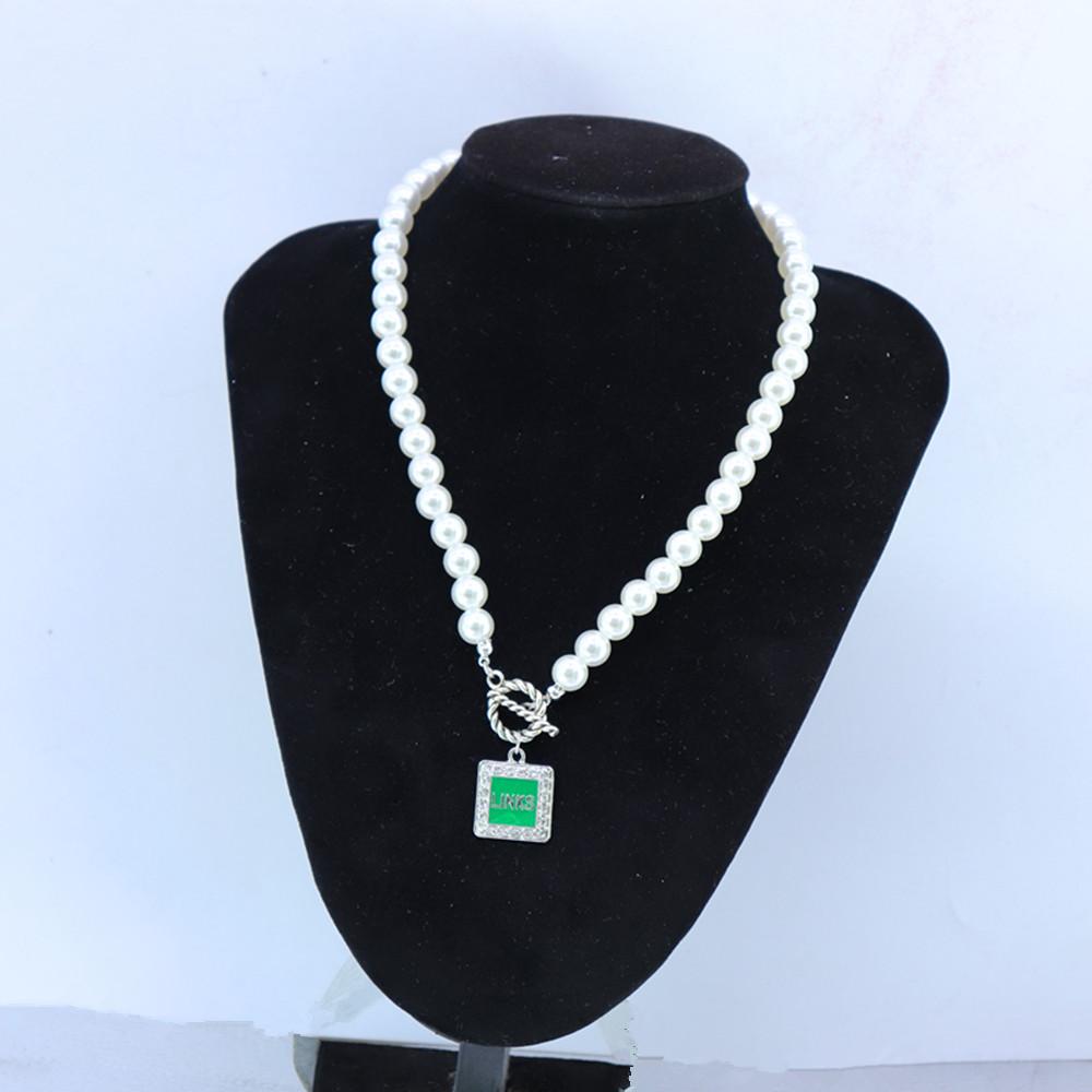 Women Wear 10mm Pearl Chain OT Buckle Square Pendant Greek Sorority Group Green the Incorporated Links Necklaces