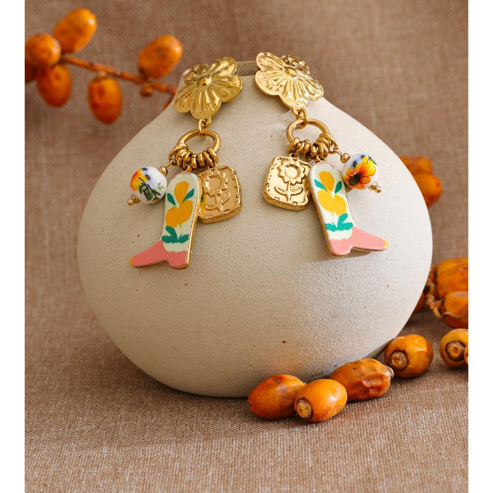 Yhpup Stainless Steel Ceramic Flower Shoes Drop Charm Earrings Spring Summer Creative Handmade Jewelry 2026 18K Gold PVD Plated