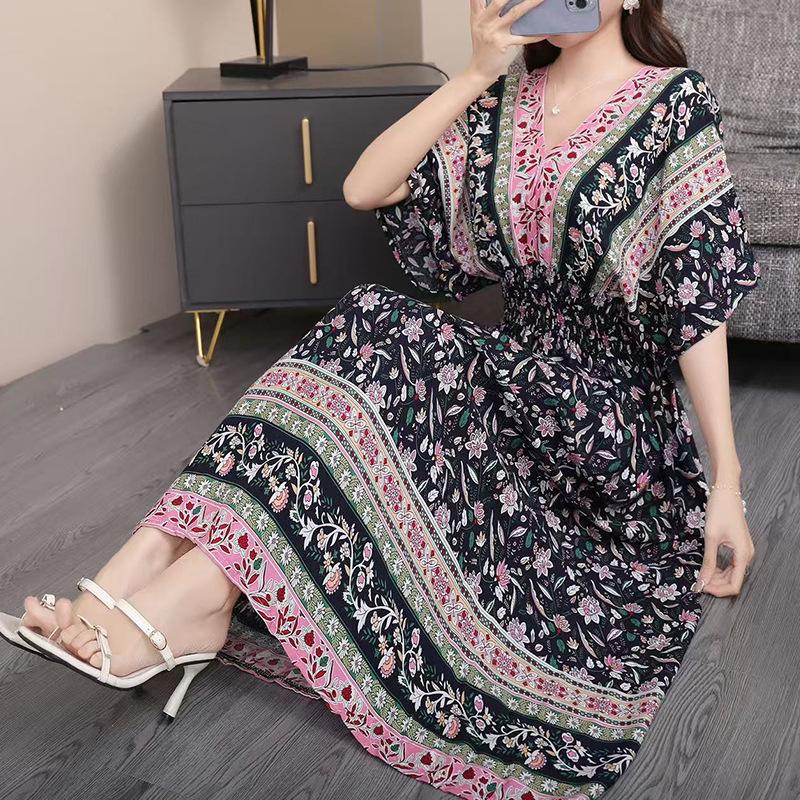 Этническое платье с V-образным вырезом и короткими рукавами из вискозы с французско-тайским принтом для женщин, к 25-летнему юбилею