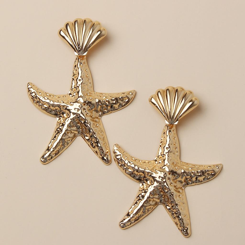 Gold Fashionable Shell Starfish Design Women Metal Earrings For Beach Summer