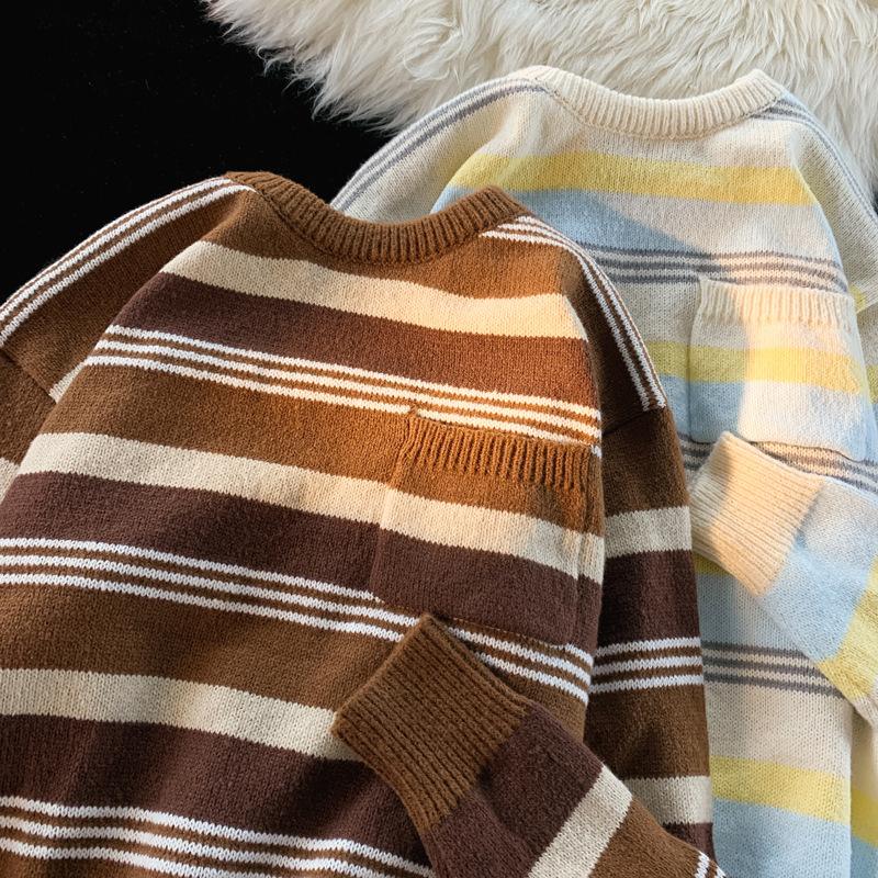 Контрастная полосатая шерстяная одежда для мужчин на осень и зиму, свободные свитера с круглым вырезом в стиле Гонконга, модные ретро-свитера в стиле кэжуал