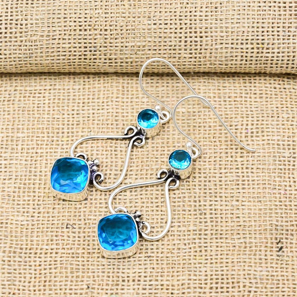 Blue Topaz Earrings, 925 Solid Sterling Silver Gemstone Jewelry, Handmade Earrings, For Thanksgiving