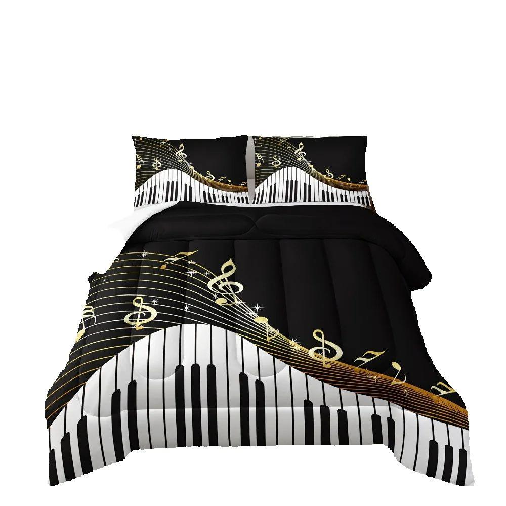 3pcs Black Bedding Set Piano Keys Music Note Print Cozy Duvet Cover King Queen Twin Size Birthday Gift for Adult Bedroom Decor