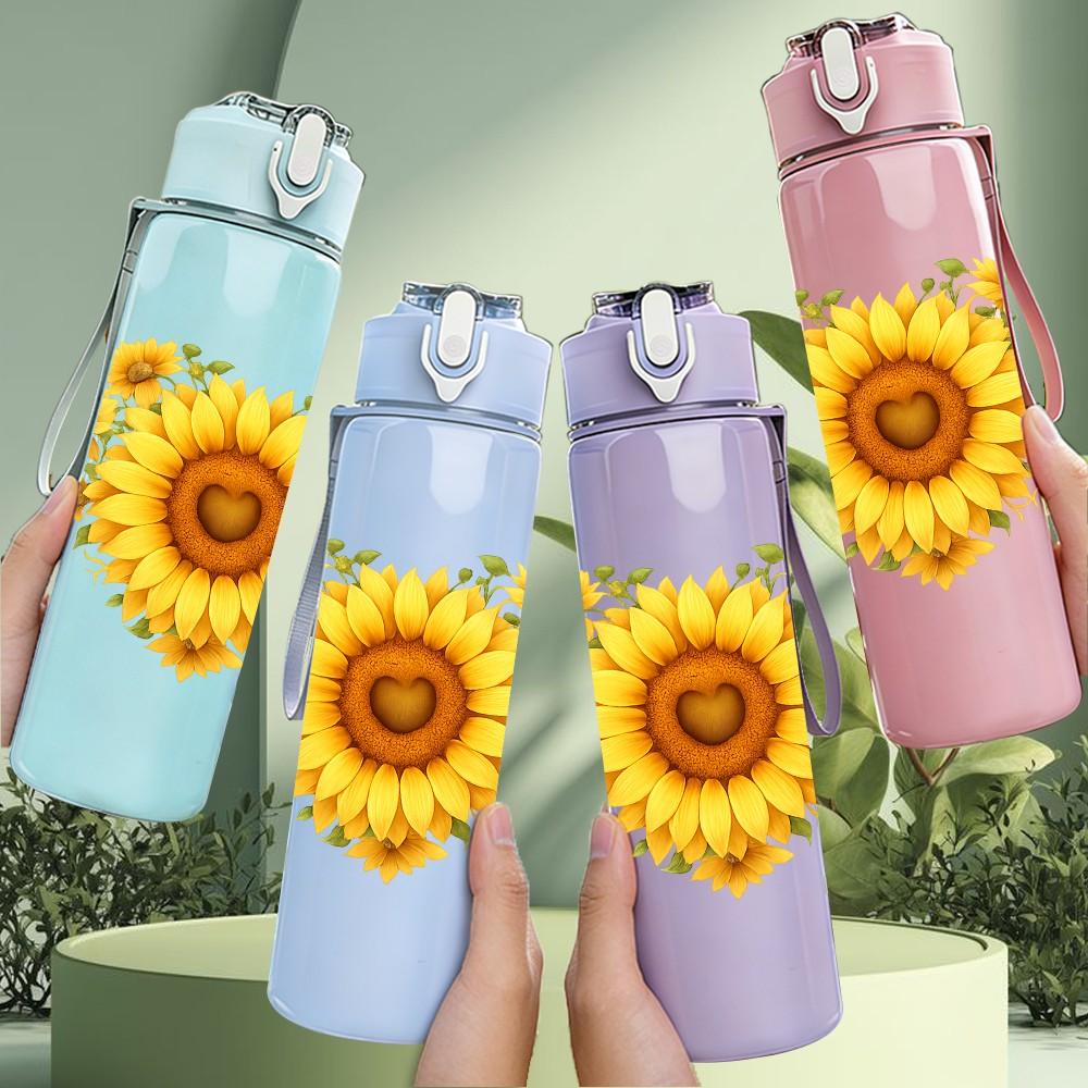 1PC Sunflower Single Bloom Decor 750ml Color Plastic Sports Water Bottle Leakproof Flip Straw Lid Suitable for Sports Office Home Use
