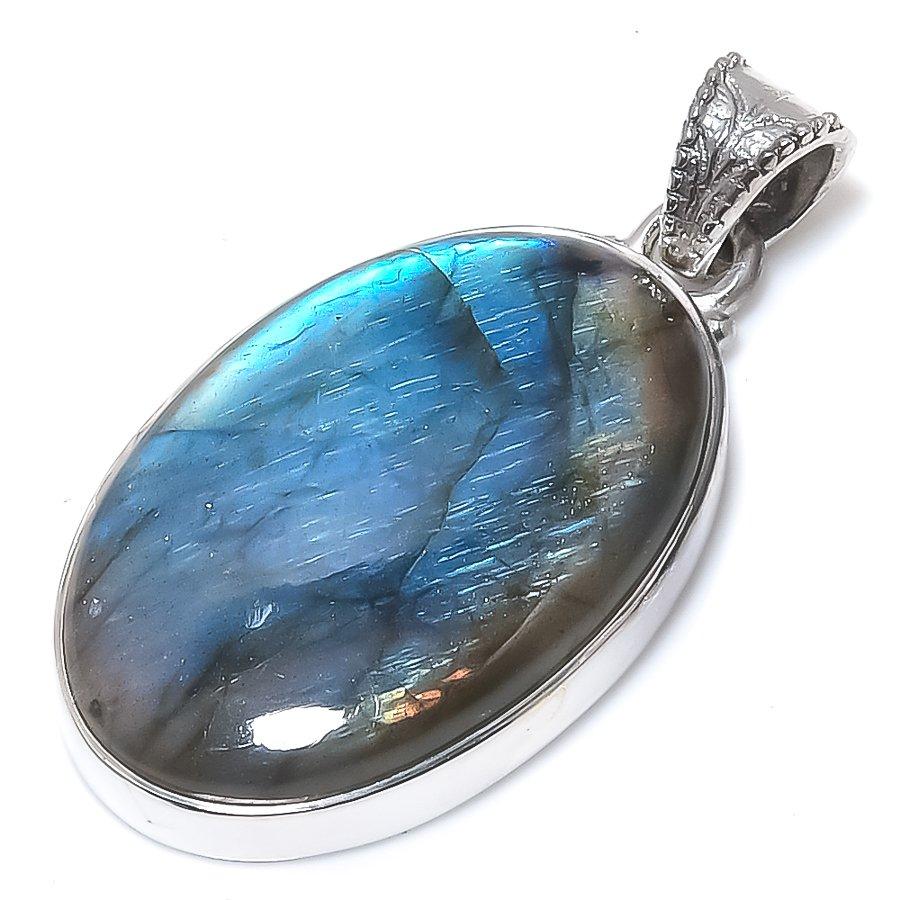 Natural Labradorite Gemstone 925 Solid Sterling Silver Gift Pendant 1.50" h6V31