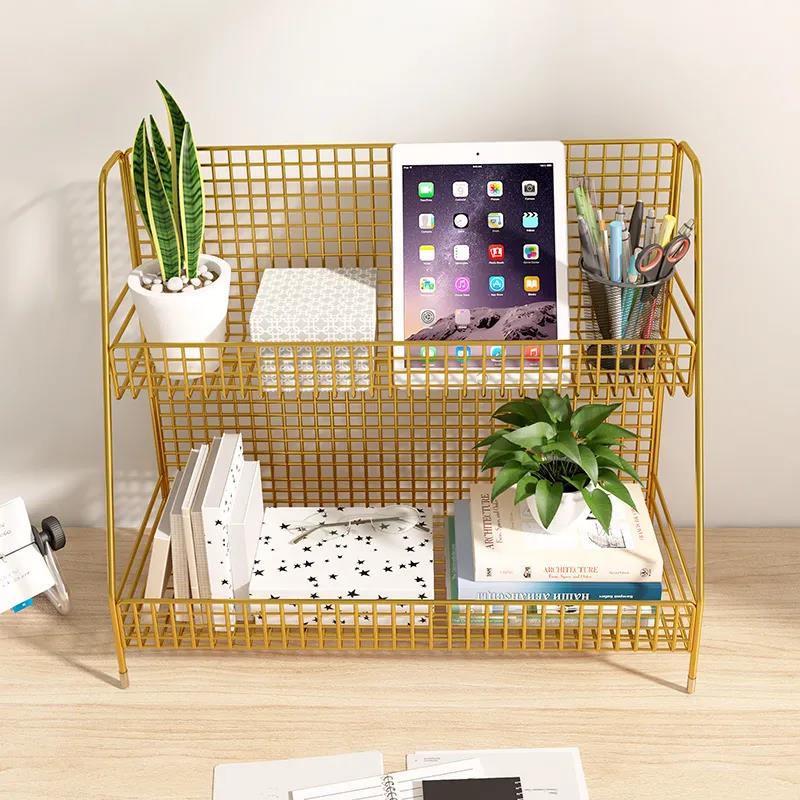 Desktop Shelf Storage Office Finishing Rack Bedside Bay Window Table Multi-layer Wrought Iron Desk Small Book Shelf