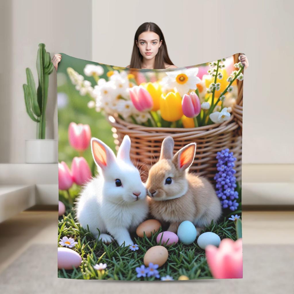 Easter Bunny Floral Patter Blanket Winter Cozy Throw Blanket For Girl Home Decor Flannel Bedspread Bed Cover