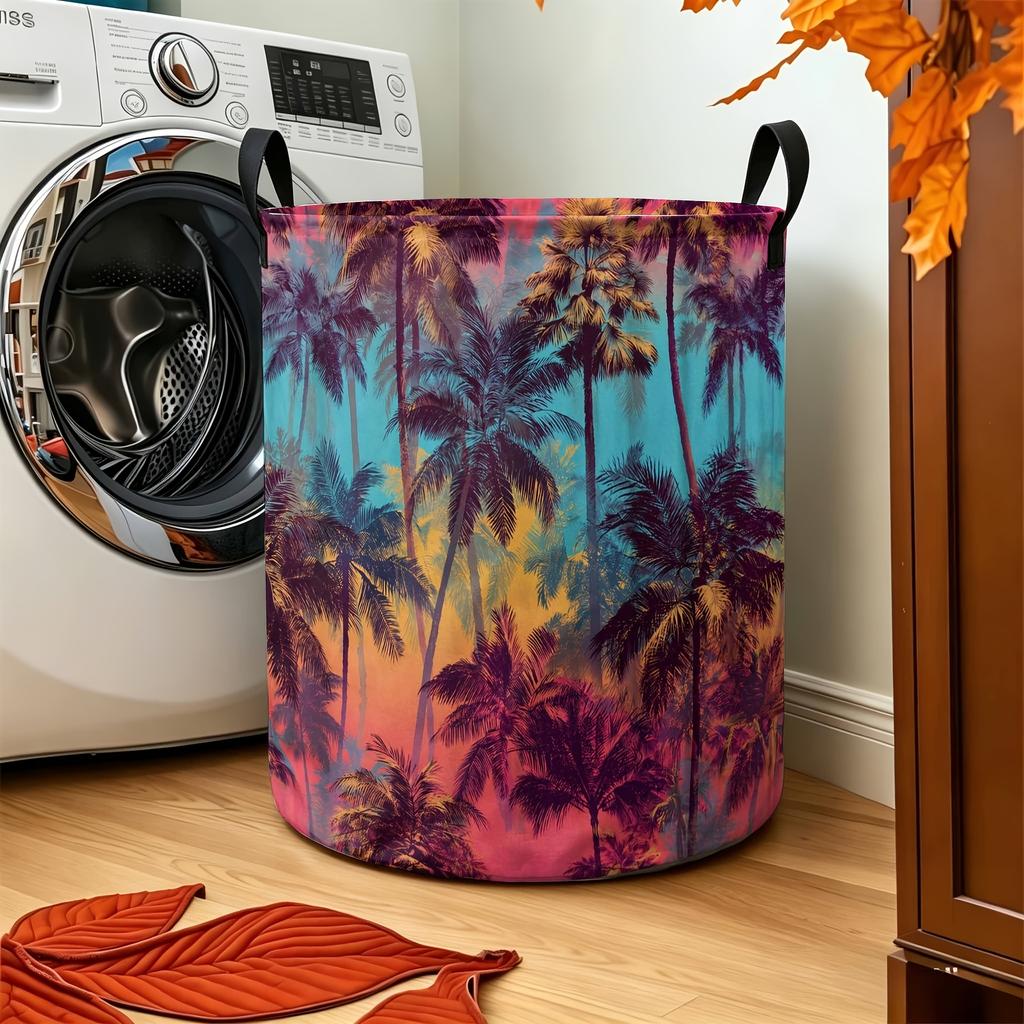 1pc, Dokriy, Large-Capacity Gradient Sunset Tropical Palm And Coconut Tree Round Storage Basket, Foldable Laundry Basket with Convenient Handle, Suita