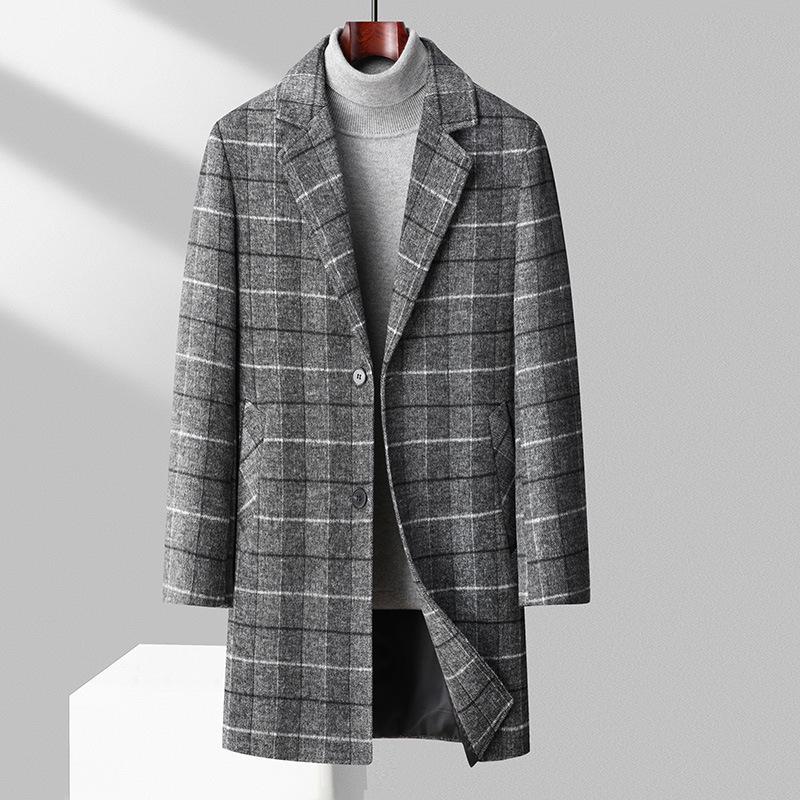 Мужское шерстяное клетчатое пальто средней длины для осени/зимы - Business Casual, с добавлением хлопка, уплотненное.