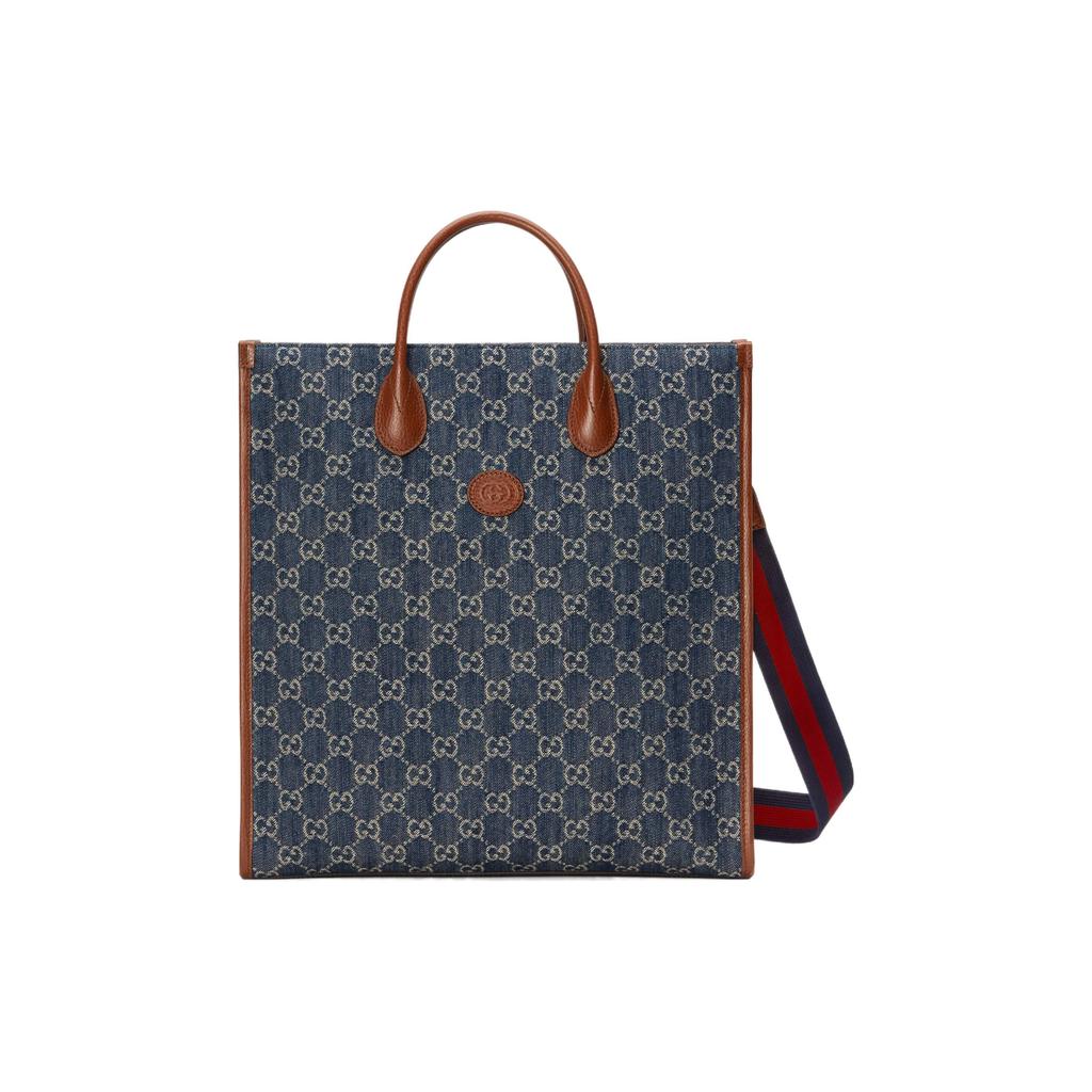 Gucci Сумка-тоут унисекс из синего денима с монограммой и переплетающимся логотипом Double G, большая, вертикальная 674155-2KQQT-8391