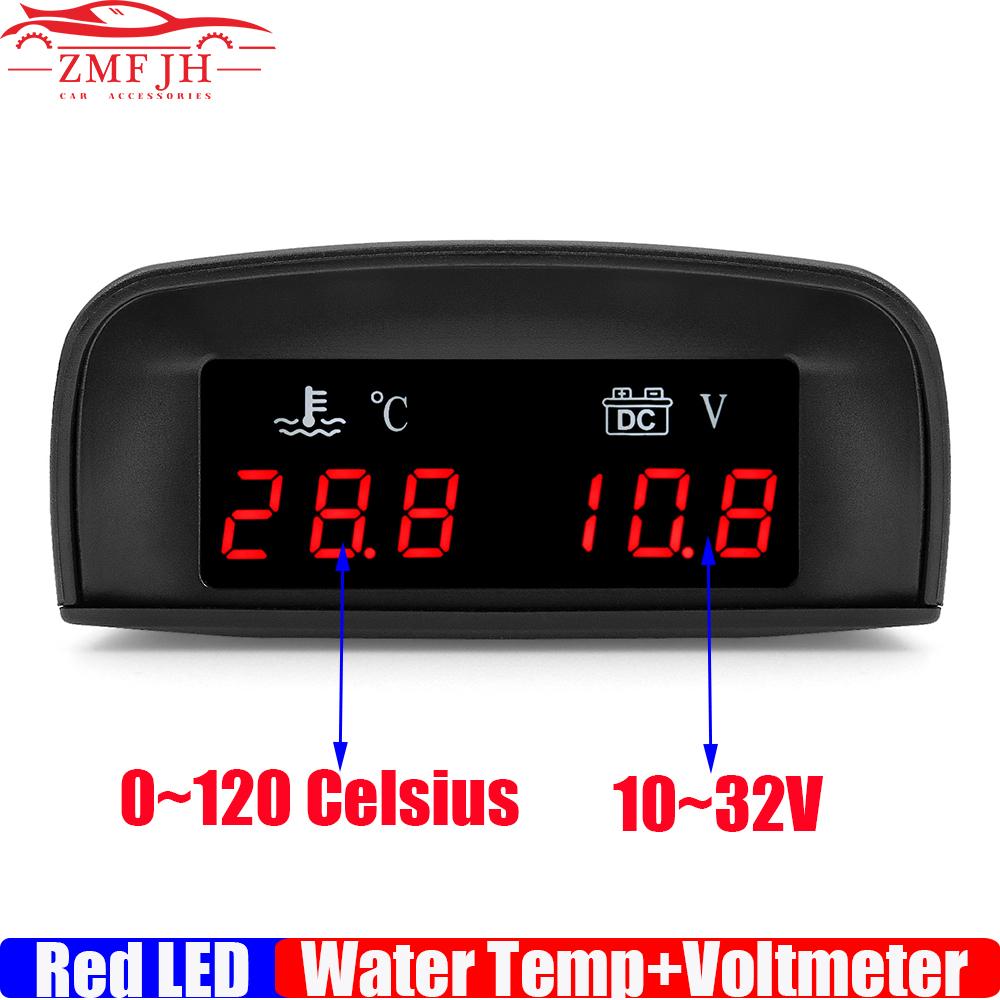 0~120 Celsius Water Temperature Gauge+Voltmeter 2 In 1 LCD Meter Red Light Digital Gauge with Sensor Adaptor for Car 12V 24V