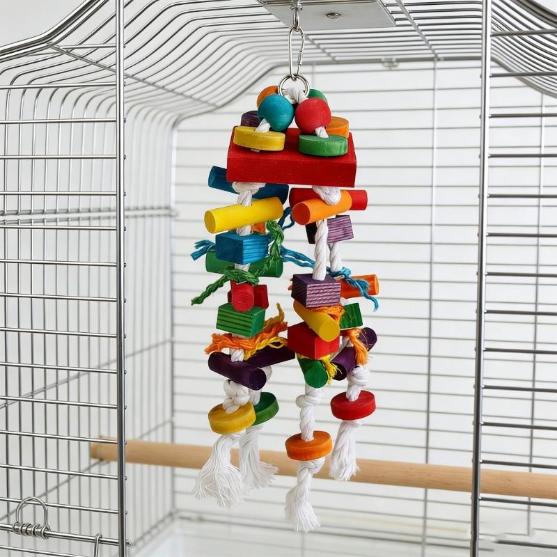 Natural Wooden Large Bird Chew Toy For Medium to Large Parrots With Colorful Cotton Rope For Cage Hanging Bird Climbing Y5GB