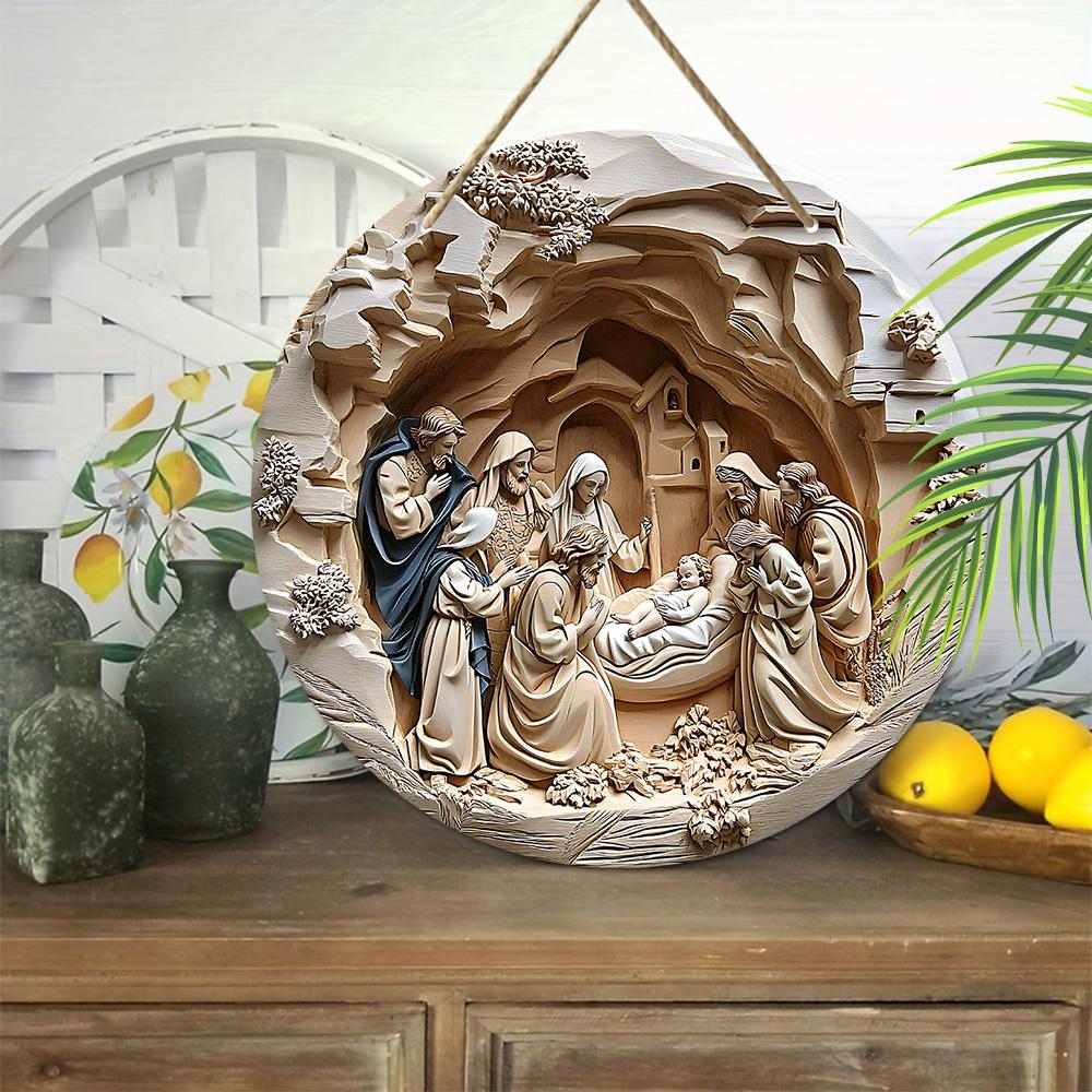 5 шт. Деревянная вывеска с изображением рождественской сцены - 2D плоская круглая 7,87 дюйма Рождественский настенный декор, универсальное праздничное подвесное украшение для дома, сада и праздничной вечеринки