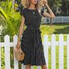 Women's Spring Fashion Pleated Print Mid-length Dress Short Sleeve Round Neck Polka Dot Pleated Dress