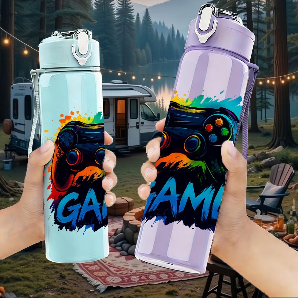 1PC Graffiti Game Letter Art 750ml Color Plastic Sports Water Bottle Leakproof Flip Straw Lid Suitable for Sports Office Home Use