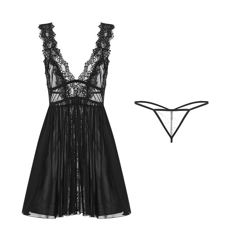 Women's Lace Sheer Mesh Deep V Tie Waist Slit Backless Cami Sleep Dress with Robe Lounge Set