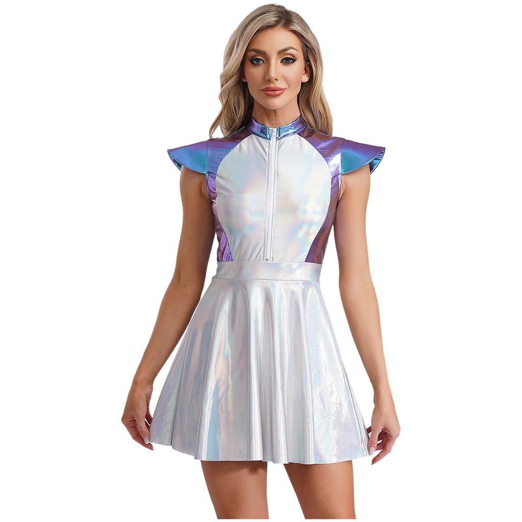 Womens Halloween Alien Cosplay Costume Outer Space Cutie Cap Sleeve A Line Dress Glittering Dress Up Party Costume