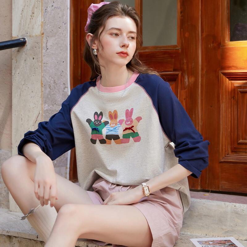 Повседневная хлопковая футболка Bailuyu с длинным рукавом и веселым color block узором