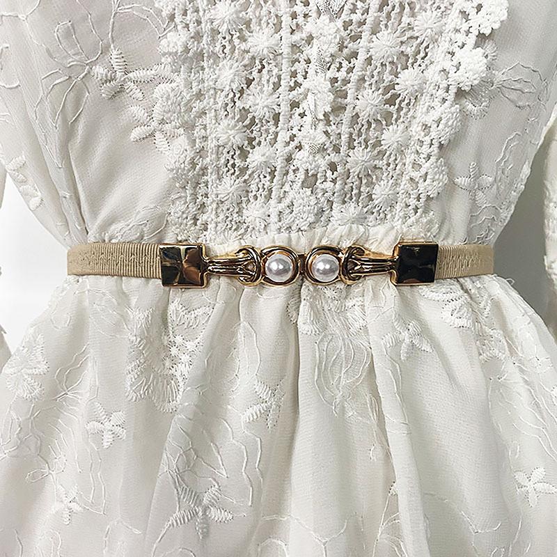 Elegant Double Pearls Buckle Elastic Women Belts Black Thin Straps Lady Girl Dress Skirt Decor Waistbands
