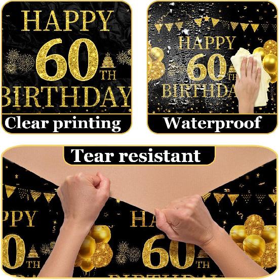3 шт. Скатерть для 60-го дня рождения, Декорации, Декорации на 60-летие, Черно-золотая, Счастливого 60-летия, Скатерть для стола, Прямоугольная, Декорации для стола, 60-летие