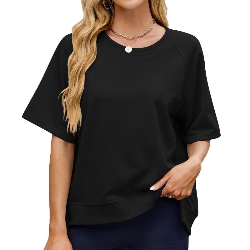 Женская весенне-летняя однотонная нить с круглым вырезом и рукавом средней длины, свободная футболка с капюшоном