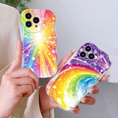 Для iPhone 16 15 14 13 12 Samsung S24 S23 S22 A06 A13 A14 A15 A16 A55 Redmi Note 13 12 Wave Edge Мягкий силиконовый чехол для телефона цвета радуги со звездами