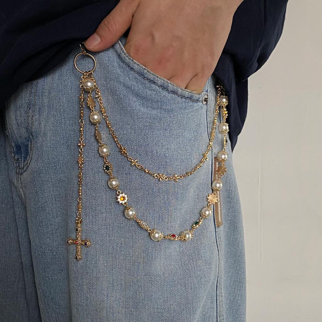 Punk Colorful Zircon Cross Pendant Pants Chain for Women Men Gothic Multi Layer Imitation Pearl Chain Waist Chain Jeans Jewelry