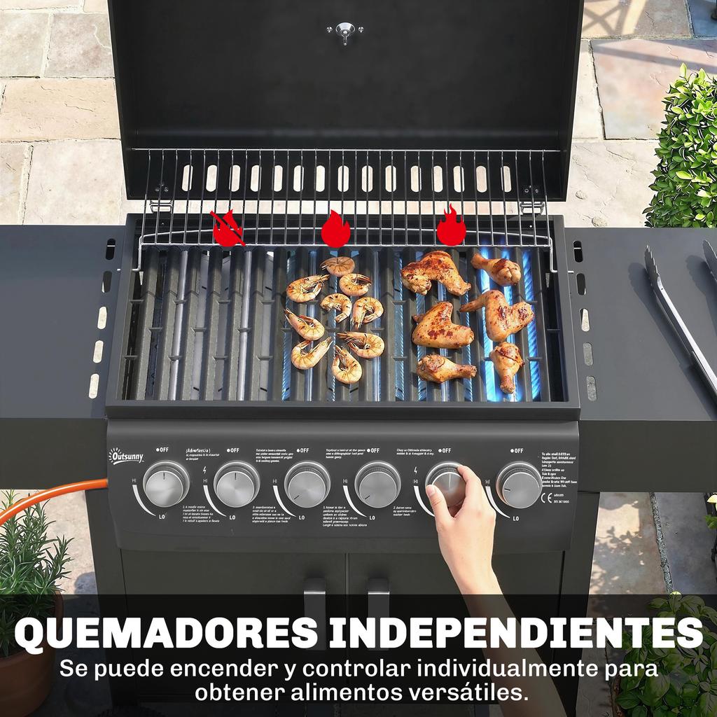 Gas Barbecue, 6 Burners, 15 kW, Thermometer, Grill, Side Tables, 135 x 51 x 101 cm, Black