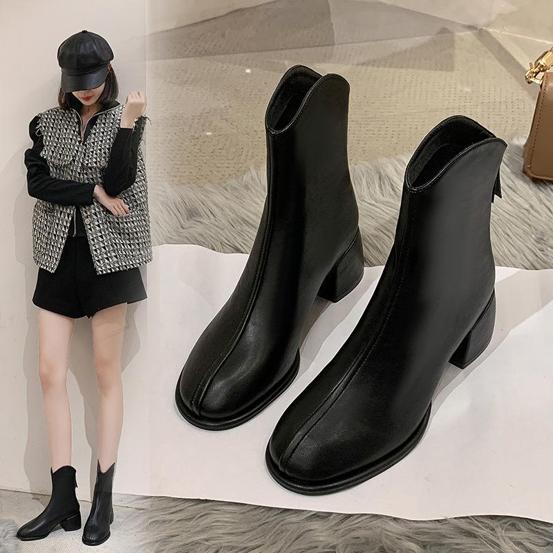 Autumn New Ankle Boots Women's Rear Zipper Leather Boots Casual Large Size Medium Heel Ankle Boots Women's Leather Boots P436