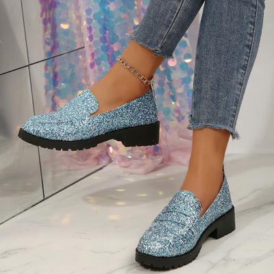 Мода 2025 весна и осень новая большая размерность низкий каблук одинарная обувь женская личность блестки круглая голова слипоны женская обувь